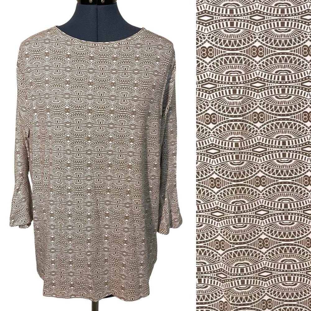 Coolibar Beige White Geo Ruffle Flare Sleeve UPF 50 Tunic Top Beach Resortwear L